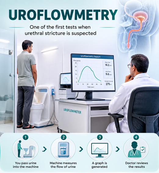 How uroflowmetry works: you pass urine into the machine, it measures urine flow, a graph is generated, and the doctor reviews the results